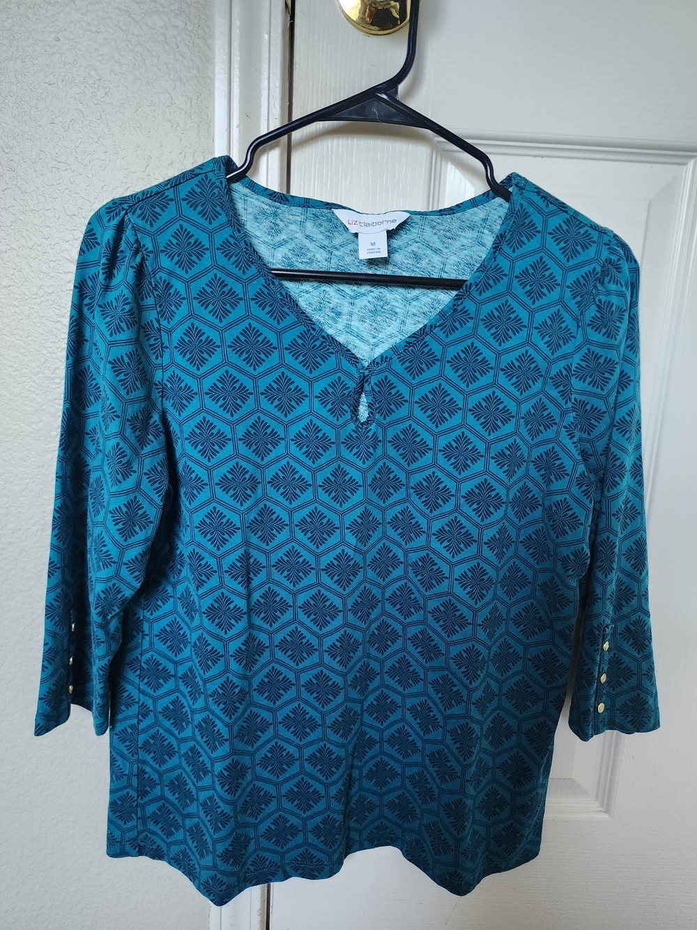 Liz Claiborne Teal Geometric 3/4 Sleeve Cotton Top Size M